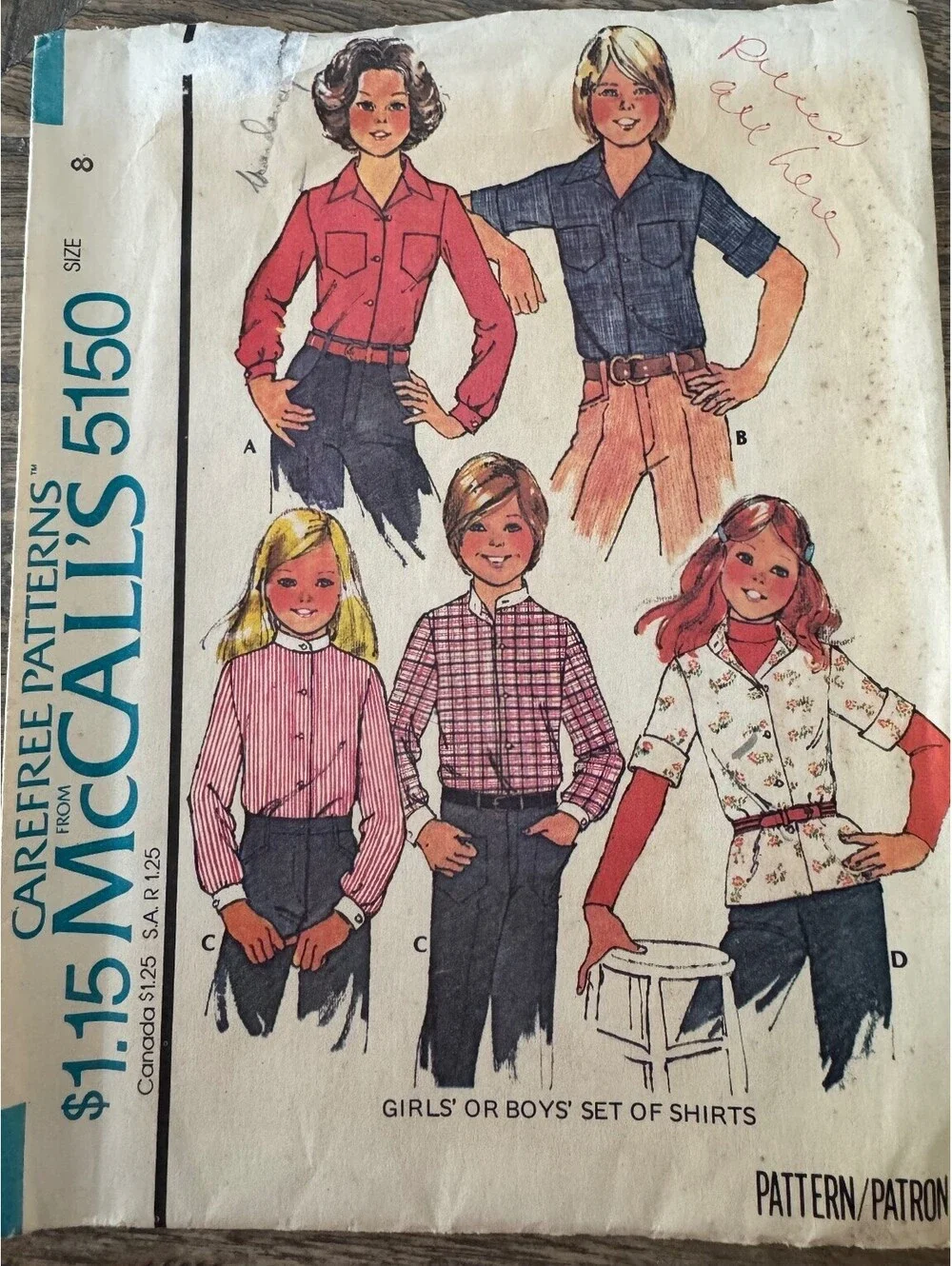 McCall's 5150 Girls' Boys' Set of Shirts Sz 8 Vintage 1970s Pattern